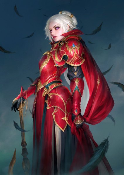 Anime picture 1000x1414 with fire emblem fire emblem: three houses nintendo edelgard von hresvelg daniel kamarudin single tall image short hair standing purple eyes looking away white hair parted lips realistic alternate costume alternate hairstyle girl gloves black gloves armor