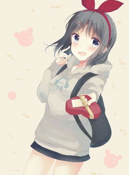 Anime picture 1836x2485 with bang dream! okusawa misaki rita 0604 single tall image looking at viewer blush highres short hair open mouth blue eyes black hair outstretched hand valentine girl bow hair bow hood hoodie gift