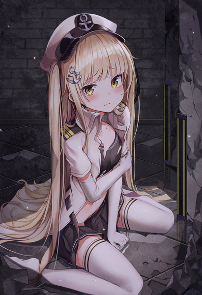 Anime picture 2707x3952 with original apple ringo single tall image looking at viewer blush fringe highres breasts blonde hair hair between eyes sitting yellow eyes payot full body bent knee (knees) very long hair pleated skirt open clothes arm support