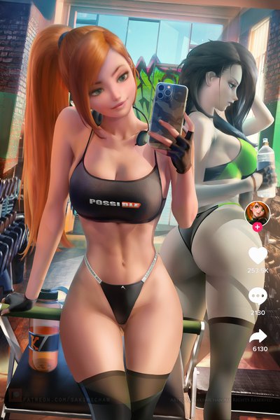 Anime picture 2333x3500 with kim possible kimberly ann possible shego (kim possible) sakimichan long hair tall image fringe highres breasts light erotic black hair smile large breasts standing multiple girls holding green eyes signed looking away cleavage