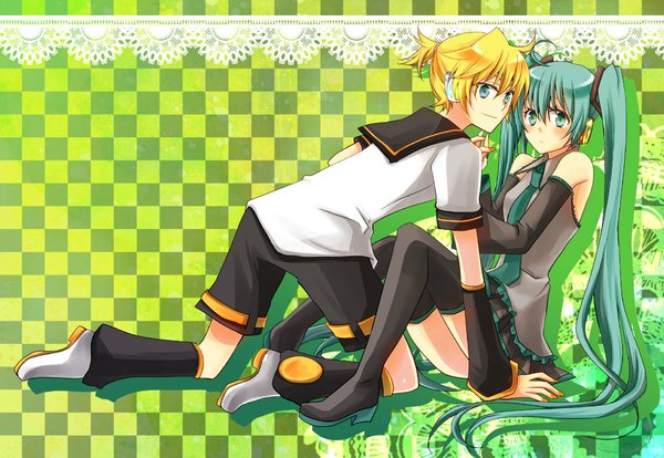 Anime picture 1000x690 with vocaloid hatsune miku kagamine len long hair blush blonde hair smile twintails bare shoulders green eyes nail polish pleated skirt green hair holding hands checkered background girl thighhighs boy skirt ribbon (ribbons)