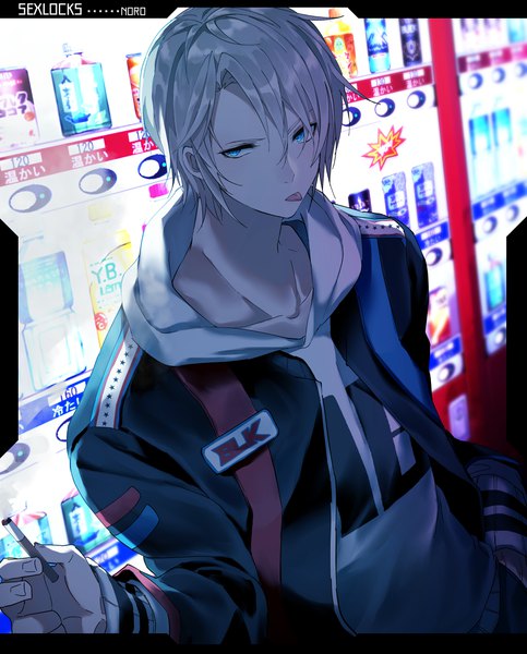 Anime picture 3688x4576 with original yukishima bema single tall image fringe highres short hair blue eyes hair between eyes holding looking away absurdres silver hair upper body inscription open jacket :p hand in pocket boy jacket