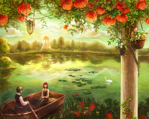 Anime picture 1067x853 with original ashi kyuuyuu long hair brown hair red hair from behind couple reflection landscape girl boy flower (flowers) plant (plants) animal tree (trees) water bird (birds) rose (roses) fish (fishes) forest