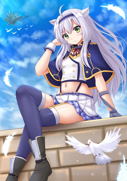 Anime picture 1200x1697 with rokudenashi majutsu kouji to akashic record lidenfilms sistine fiber kazenokaze single long hair tall image blush fringe smile hair between eyes sitting green eyes animal ears sky silver hair cloud (clouds) bent knee (knees) outdoors head tilt