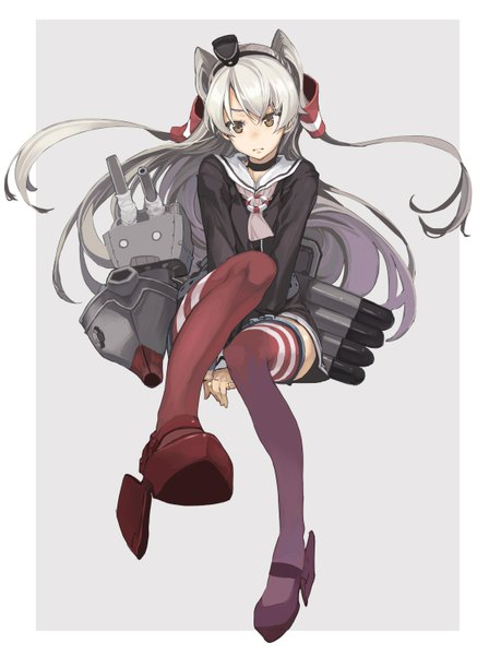 Anime picture 1118x1497 with kantai collection amatsukaze destroyer rensouhou-kun murasaki hisato single long hair tall image looking at viewer sitting brown eyes silver hair two side up girl thighhighs dress hair ornament hat shoes short dress hair tubes