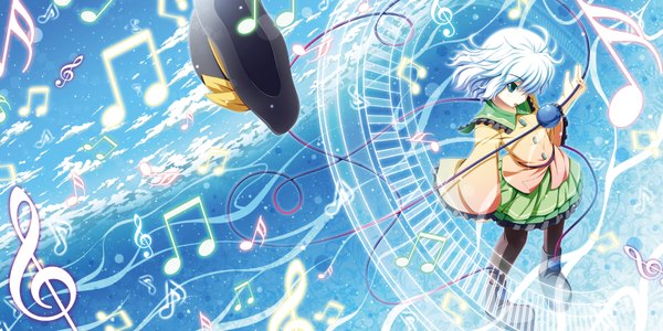Anime picture 1920x960 with touhou komeiji koishi akashio (loli ace) single highres short hair open mouth blue eyes wide image sky cloud (clouds) white hair eyes girl dress skirt hat miniskirt boots musical note