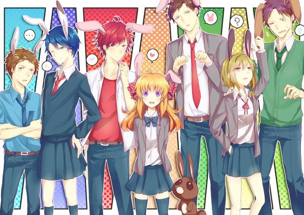 Anime picture 1637x1158 with gekkan shoujo nozaki-kun doga kobo sakura chiyo nozaki umetarou mikoshiba mikoto kashima yuu seo yuzuki hori masayuki wakamatsu hirotaka gensou aporo long hair short hair blue eyes black hair red eyes brown hair purple eyes multiple girls animal ears blue hair