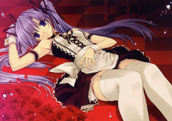Anime picture 4934x3484 with chronicle-suzuhira hiro artworks suzuhira hiro single long hair looking at viewer highres light erotic purple eyes twintails absurdres purple hair lying maid checkered floor girl thighhighs flower (flowers) ribbon (ribbons) hair ribbon petals