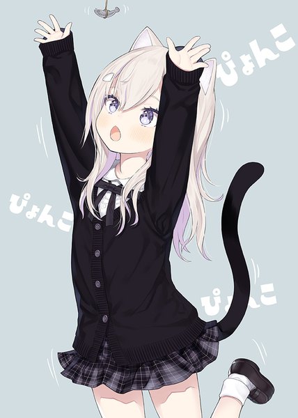 Anime-Bild 713x1000 mit original capriccio single long hair tall image open mouth blue eyes simple background animal ears white hair tail long sleeves animal tail cat ears inscription arms up cat girl cat tail sleeves past wrists looking up