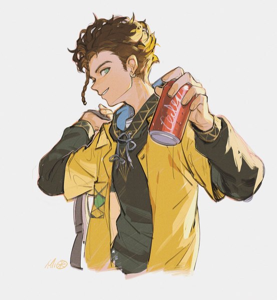 Anime picture 1660x1800 with fire emblem fire emblem: three houses nintendo claude von riegan alzi xiaomi single tall image looking at viewer short hair simple background smile brown hair holding green eyes signed upper body long sleeves parted lips profile alternate costume