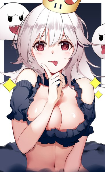 Anime picture 1172x1924 with super mario bros. new super mario bros. u deluxe princess king boo boo (mario) niii (memstapak) single long hair tall image looking at viewer blush fringe breasts light erotic simple background red eyes large breasts bare shoulders cleavage white hair fang (fangs)