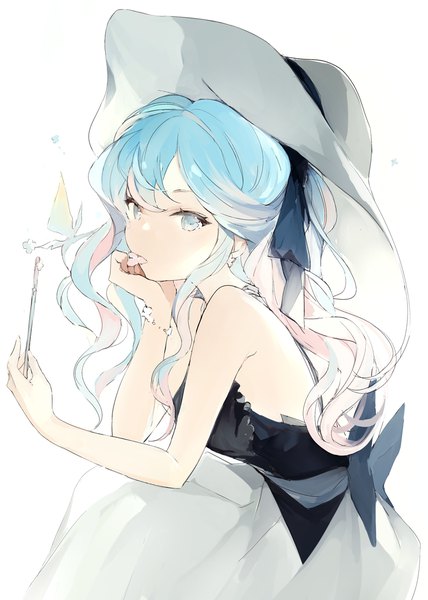 Anime picture 750x1051 with original lpip single long hair tall image looking at viewer blue eyes simple background white background sitting blue hair ponytail chin rest girl dress ribbon (ribbons) hair ribbon hat insect butterfly