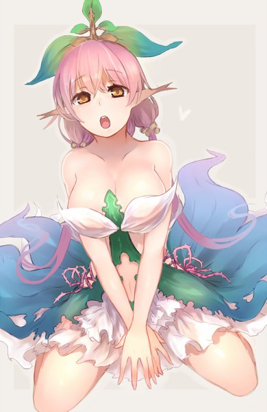 Anime picture 650x1000 with granblue fantasy yggdrasil (granblue fantasy) ganesagi single long hair tall image fringe breasts open mouth light erotic simple background hair between eyes large breasts sitting twintails pink hair cleavage full body from above pointy ears