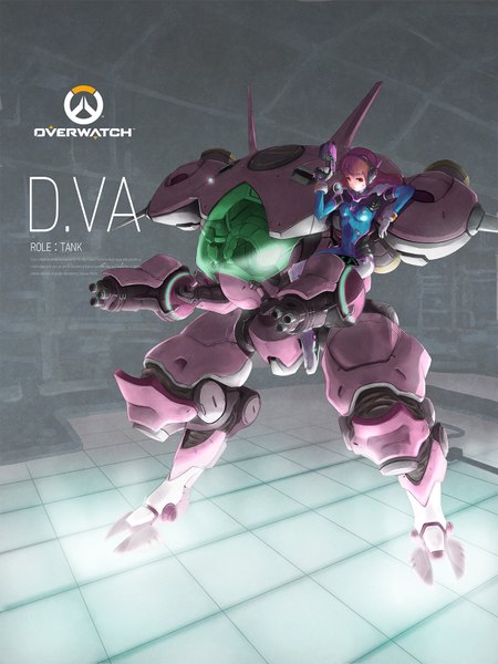 Anime picture 1234x1646 with overwatch blizzard entertainment d.va (overwatch) meka (overwatch) satyuas single long hair tall image red eyes brown hair sitting copyright name character names facial mark whisker markings girl weapon headphones gun bodysuit