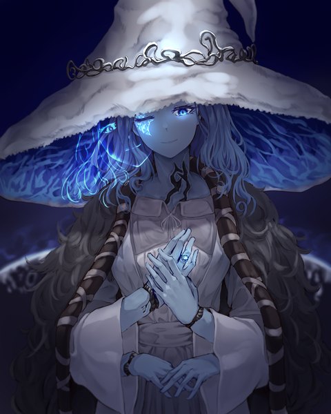 Anime picture 4000x5000 with elden ring ranni the witch enin single long hair tall image looking at viewer highres blue eyes smile blue hair absurdres upper body one eye closed wide sleeves witch blue skin extra arms girl hat