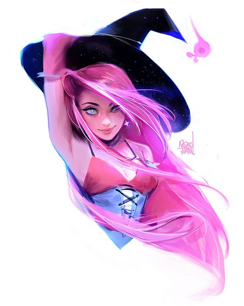 Anime-Bild 800x999 mit original rossdraws (ross tran) single long hair tall image looking at viewer fringe breasts simple background white background signed pink hair cleavage upper body arm up lips realistic floating hair halloween silver eyes