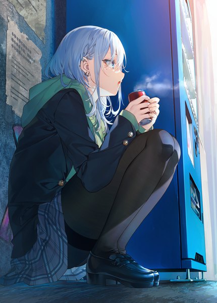 Anime picture 909x1269 with original toosaka asagi single long hair tall image fringe open mouth blue eyes hair between eyes holding payot silver hair full body outdoors braid (braids) long sleeves profile mole :o high heels