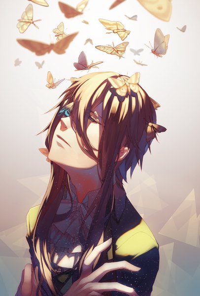 Anime-Bild 1439x2125 mit original ovos single long hair tall image brown hair standing eyes closed flying boy insect butterfly