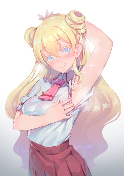 Anime picture 1075x1520 with asobi asobase olivia (asobi asobase) fiodo single long hair tall image looking at viewer blush fringe breasts blue eyes light erotic blonde hair simple background hair between eyes arm up armpit (armpits) hair bun (hair buns) sweat gradient background