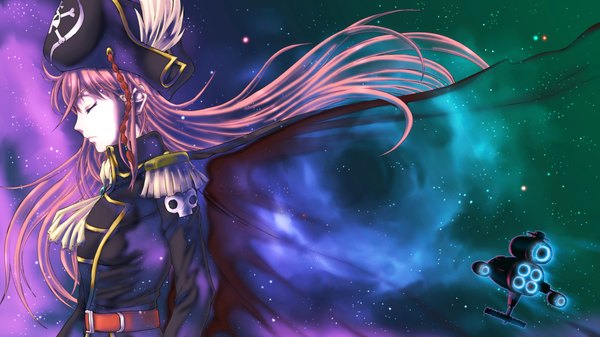 Anime picture 1920x1080 with miniskirt pirates katou marika single long hair highres wide image pink hair sky eyes closed profile space skull and crossbones pirate aurora borealis girl uniform hair ornament belt hairclip star (stars)