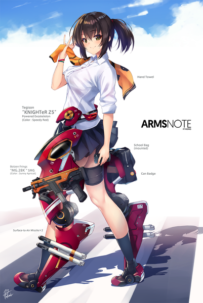 イラスト 769x1150 と arms note 深井涼介 ソロ 長身像 カメラ目線 赤面 前髪 短い髪 笑顔 茶色の髪 holding 緑の目 signed payot 全身 outdoors ポニーテール pleated skirt 影 text