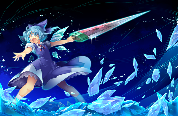 Anime picture 1600x1050 with touhou cirno kokka han single short hair open mouth blue eyes blue hair glowing glowing eye (eyes) girl dress bow weapon hair bow sword wings socks white socks ice