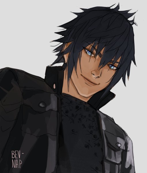 Anime picture 800x940 with final fantasy final fantasy xv square enix noctis lucis caelum bev-nap single tall image looking at viewer fringe short hair blue eyes black hair simple background smile hair between eyes signed upper body light smile inscription grey background