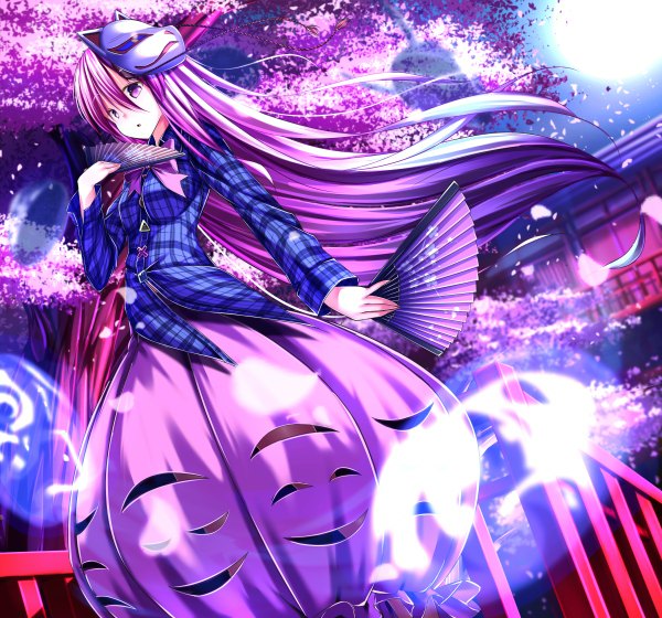 Anime picture 1200x1120 with touhou hata no kokoro waterdog single long hair looking at viewer breasts open mouth standing purple eyes holding sky purple hair multicolored hair wind night from below night sky cherry blossoms glowing