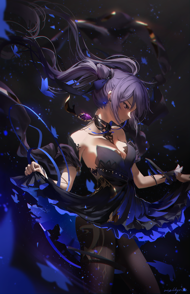 Anime picture 1650x2550 with genshin impact keqing (genshin impact) keqing (opulent splendor) (genshin impact) meltyrice single long hair tall image fringe breasts light erotic simple background large breasts standing purple eyes bare shoulders holding signed looking away cleavage purple hair