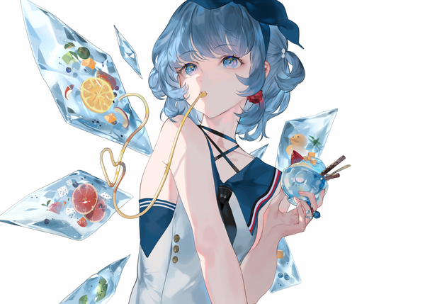 Anime picture 1680x1200 with touhou cirno hillly (maiwetea) single short hair blue eyes simple background white background holding blue hair looking away upper body two side up drinking girl ribbon (ribbons) hair ribbon earrings wings food