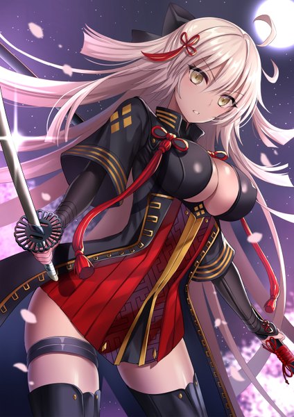 Anime picture 1000x1414 with fate (series) fate/grand order koha-ace okita souji (fate) (all) okita souji alter (fate) harimoji single long hair tall image looking at viewer fringe breasts light erotic hair between eyes standing holding cleavage ahoge parted lips wind