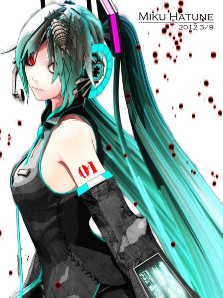 Anime picture 1125x1500 with vocaloid bacterial contamination (vocaloid) hatsune miku calcium tagme (artist) single long hair tall image looking at viewer fringe red eyes twintails bare shoulders very long hair hair over one eye aqua hair inscription tattoo 39 girl