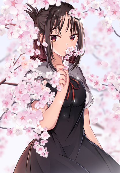 Anime picture 3029x4369 with kaguya-sama wa kokurasetai ~tensai-tachi no renai zunousen~ a-1 pictures shinomiya kaguya norazura single tall image looking at viewer blush fringe highres short hair breasts red eyes brown hair standing holding absurdres outdoors arm up blurry