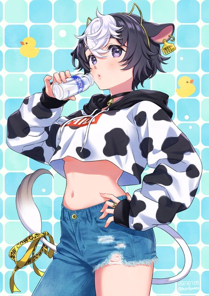 Anime picture 868x1228 with original morikura en single tall image looking at viewer fringe short hair black hair simple background hair between eyes standing purple eyes holding signed animal ears tail long sleeves animal tail multicolored hair arm up