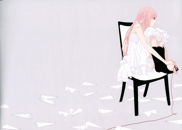 Anime picture 3428x2444 with vocaloid just be friends (vocaloid) megurine luka single long hair highres simple background sitting bare shoulders pink hair absurdres profile girl dress white dress chair thread red thread paper airplane