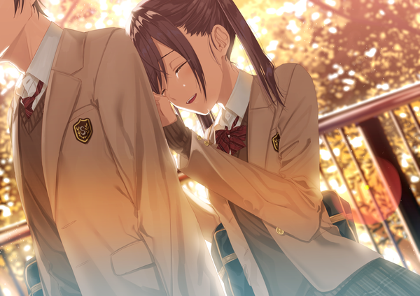 Anime picture 1819x1286 with original kukiha blush highres short hair open mouth smile brown hair standing twintails payot outdoors eyes closed dutch angle depth of field couple tears lens flare plaid skirt crying
