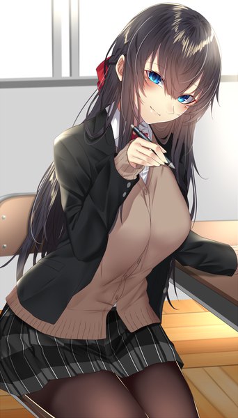 Anime picture 840x1470 with original onineko-chan single long hair tall image looking at viewer blush fringe breasts blue eyes black hair smile hair between eyes holding indoors long sleeves head tilt pleated skirt arm up arm support