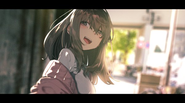 Anime picture 4026x2264 with original rolua single long hair looking at viewer fringe highres open mouth smile hair between eyes brown hair wide image brown eyes absurdres outdoors head tilt :d from above blurry letterboxed