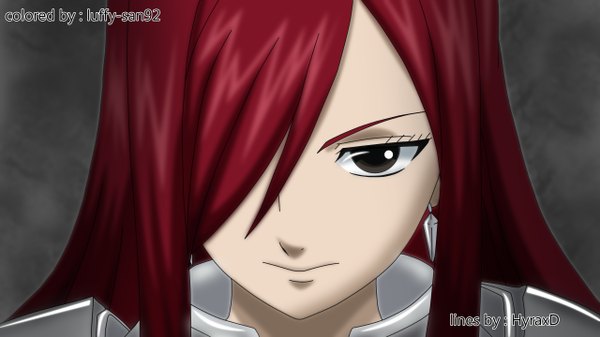 Anime picture 2560x1440 with fairy tail erza scarlet luffy-san92 single long hair fringe highres simple background wide image brown eyes red hair hair over one eye coloring girl earrings armor