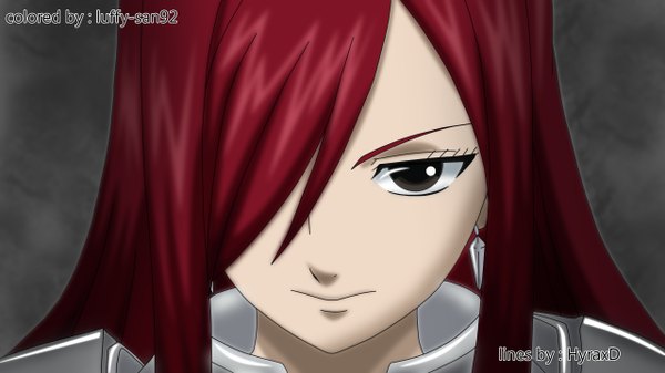 イラスト 2560x1440 と フェアリーテイル erza scarlet luffy-san92 ソロ 長髪 前髪 highres simple background wide image 茶目 赤髪 片目隠れ coloring 女の子 耳飾り 鎧