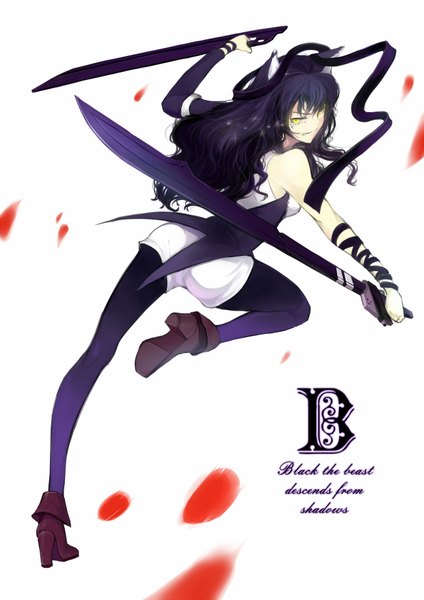 Anime picture 1240x1753 with rwby rooster teeth blake belladonna silversirius single long hair tall image looking at viewer black hair simple background white background holding animal ears yellow eyes cat ears inscription tears dual wielding girl ribbon (ribbons)