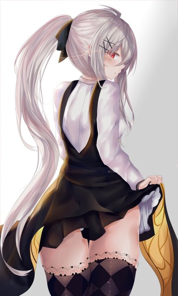 Anime picture 3500x5800 with girls frontline iws-2000 (girls frontline) ru zhai single long hair tall image looking at viewer blush fringe highres light erotic simple background hair between eyes red eyes standing absurdres silver hair profile looking back from behind