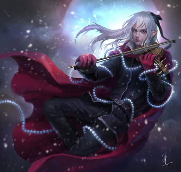 Anime picture 1024x974 with original sktneh single long hair looking at viewer blue eyes signed bent knee (knees) white hair lips pointy ears blurry realistic floating hair elf playing instrument 2016 boy gloves ribbon (ribbons)
