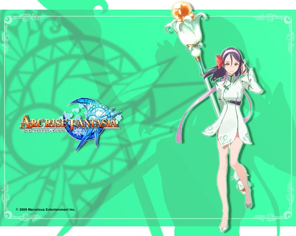 Anime picture 1280x1024 with arc rise fantasia single looking at viewer black hair simple background hair flower light smile inscription orange eyes girl dress hair ornament weapon hairband staff