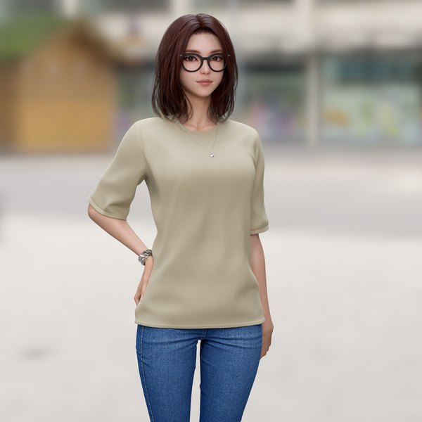 Anime picture 1920x1920 with original shin jeongho single looking at viewer highres short hair brown hair standing brown eyes lips blurry realistic short sleeves depth of field hand on hip 3d girl glasses bracelet pendant
