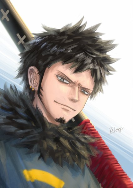 Anime picture 679x960 with one piece toei animation trafalgar law liang jian single tall image looking at viewer fringe short hair black hair simple background smile signed upper body fur trim piercing ear piercing silver eyes weapon over shoulder sidewhiskers