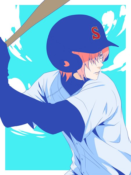 Anime picture 750x1000 with daiya no ace production i.g kominato haruichi nayuta (hanayushi) single tall image short hair looking away pink hair sky cloud (clouds) pink eyes framed baseball boy uniform baseball bat baseball uniform baseball helmet