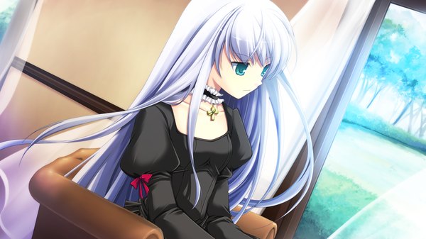 Anime picture 1280x720 with end sleep single long hair blue eyes wide image sitting looking away game cg silver hair girl dress cross