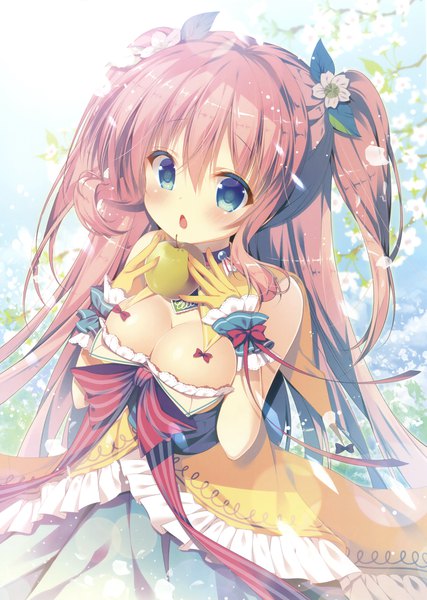 Anime picture 2494x3500 with original mitsumomo mamu single long hair tall image blush fringe highres breasts open mouth blue eyes light erotic hair between eyes looking away pink hair cleavage hair flower from above scan two side up