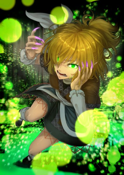 Anime picture 653x919 with touhou mizuhashi parsee ibuki notsu single tall image looking at viewer short hair open mouth blonde hair green eyes ponytail fingernails pointy ears teeth tears glowing glowing eye (eyes) long fingernails running hands on face